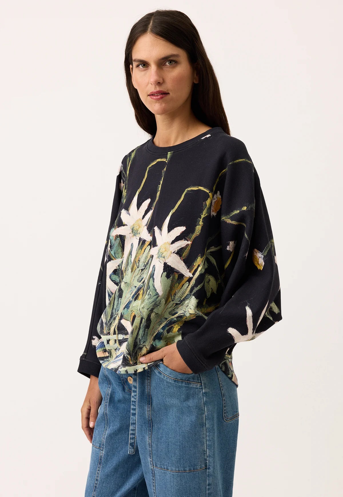 Nancybird cotton knit Dahlia batwing sweat featuring flannel flower artwork.