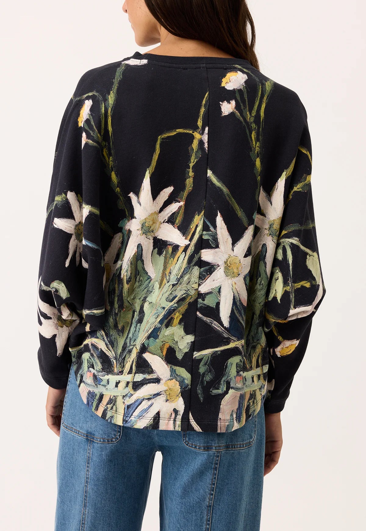 Nancybird cotton knit Dahlia batwing sweat featuring flannel flower artwork.