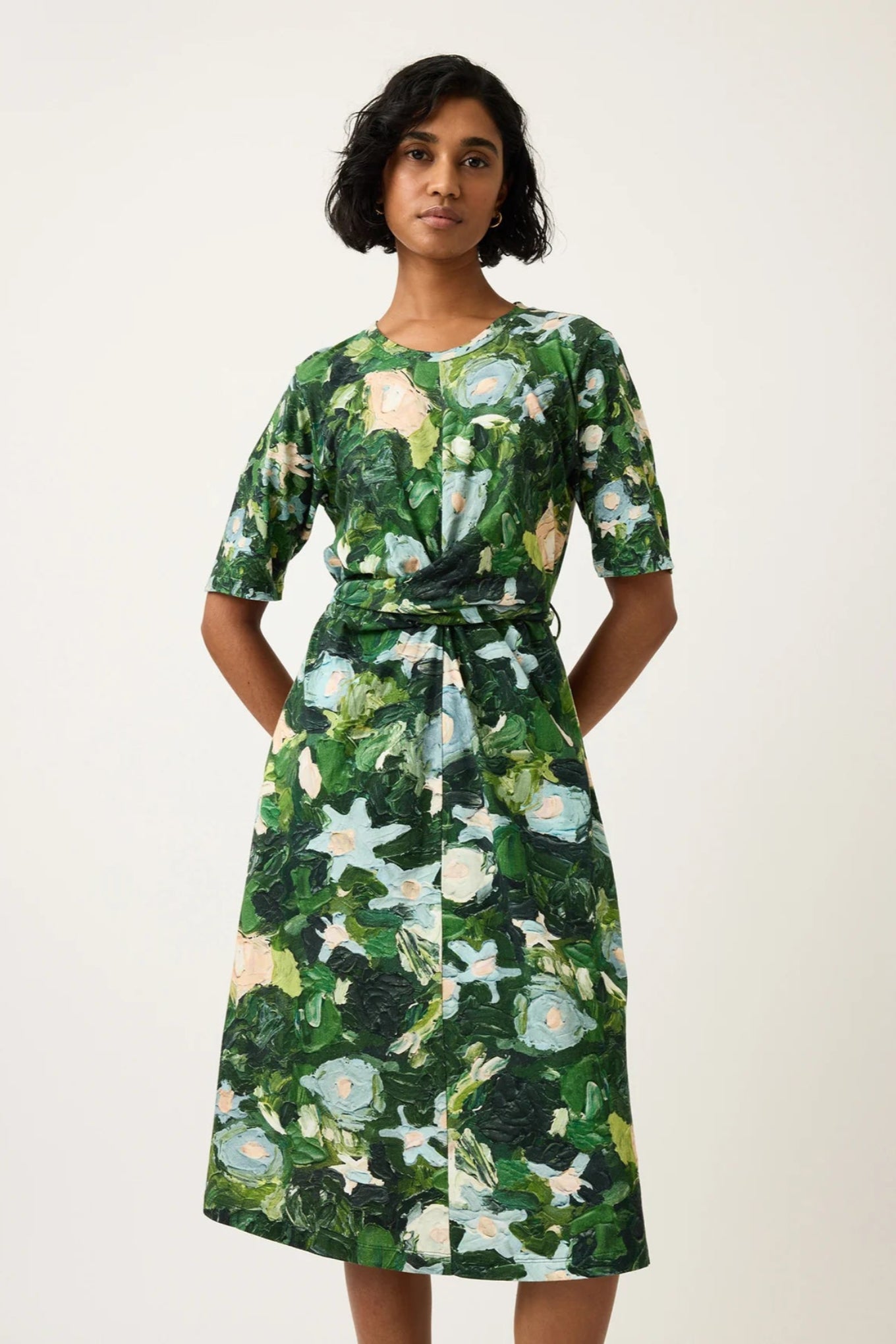 Nancybird organic cotton short sleeve wrap Terra dress in green garden print.