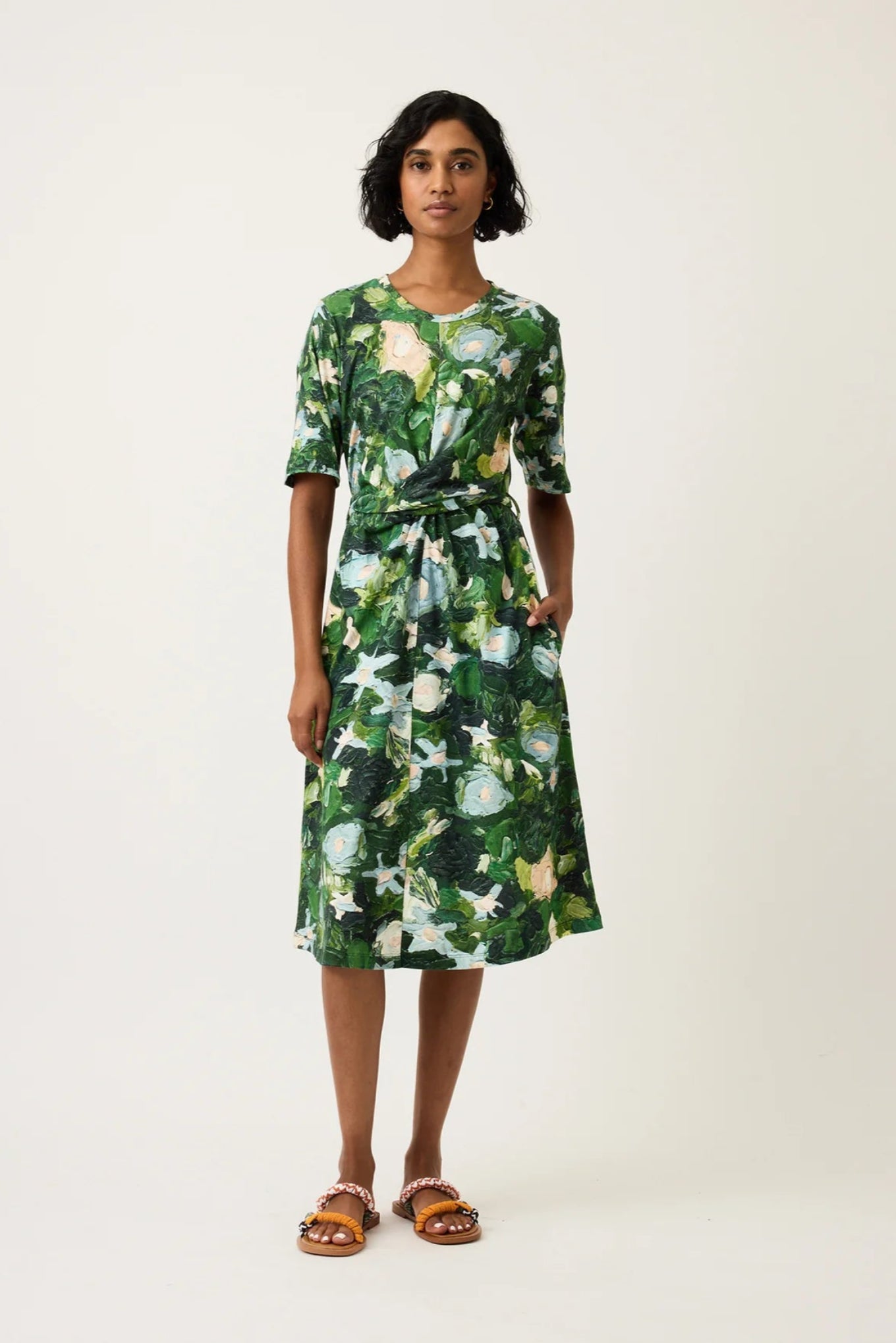 Nancybird organic cotton short sleeve wrap Terra dress in green garden print.