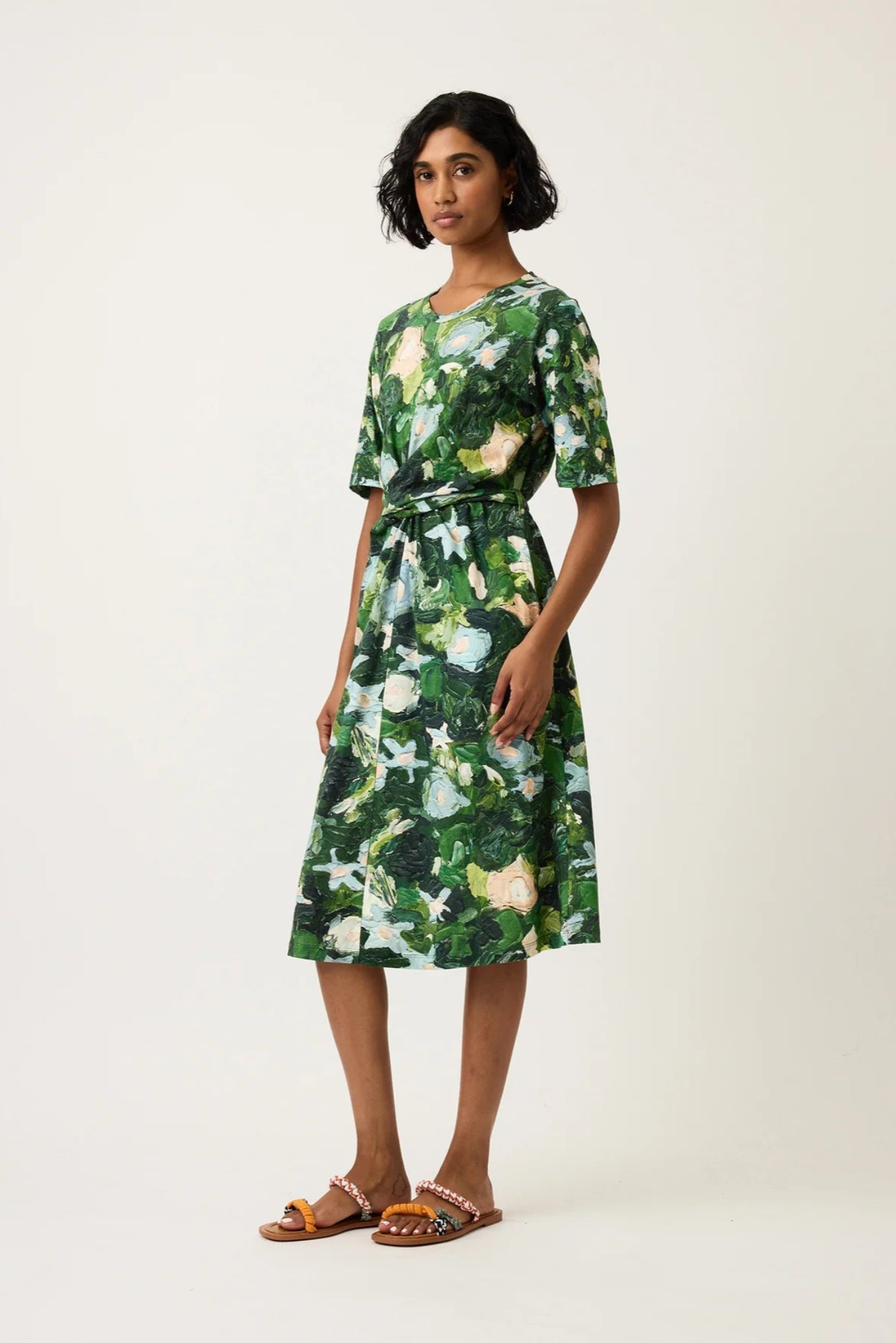 Nancybird organic cotton short sleeve wrap Terra dress in green garden print.