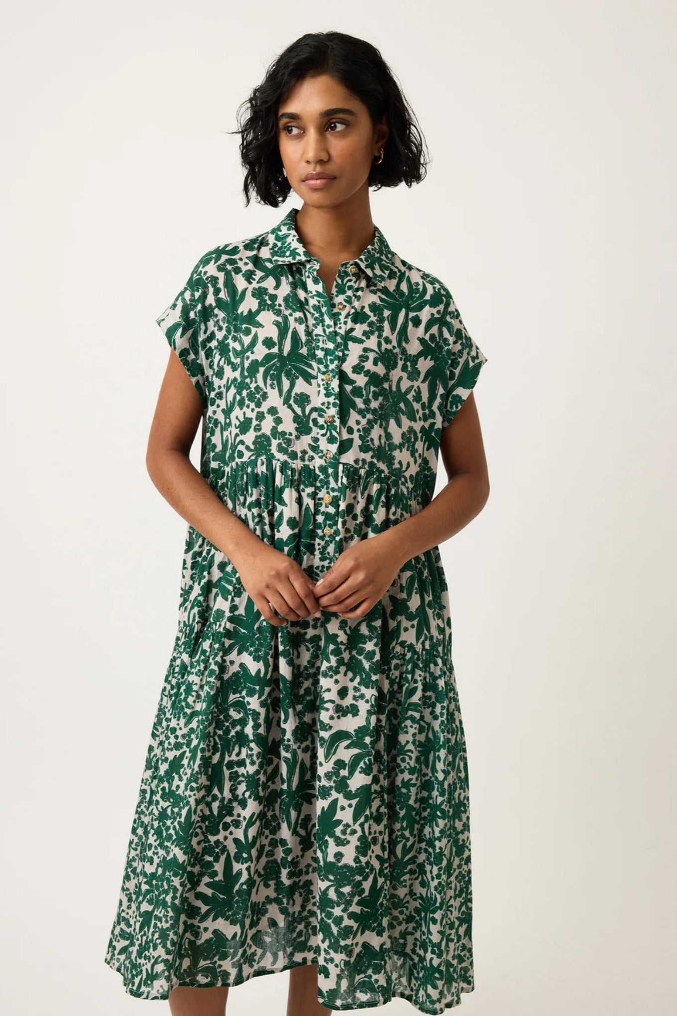 Nancybird cotton voile button up short sleeved shirt dress Maja in green and white parsley print.