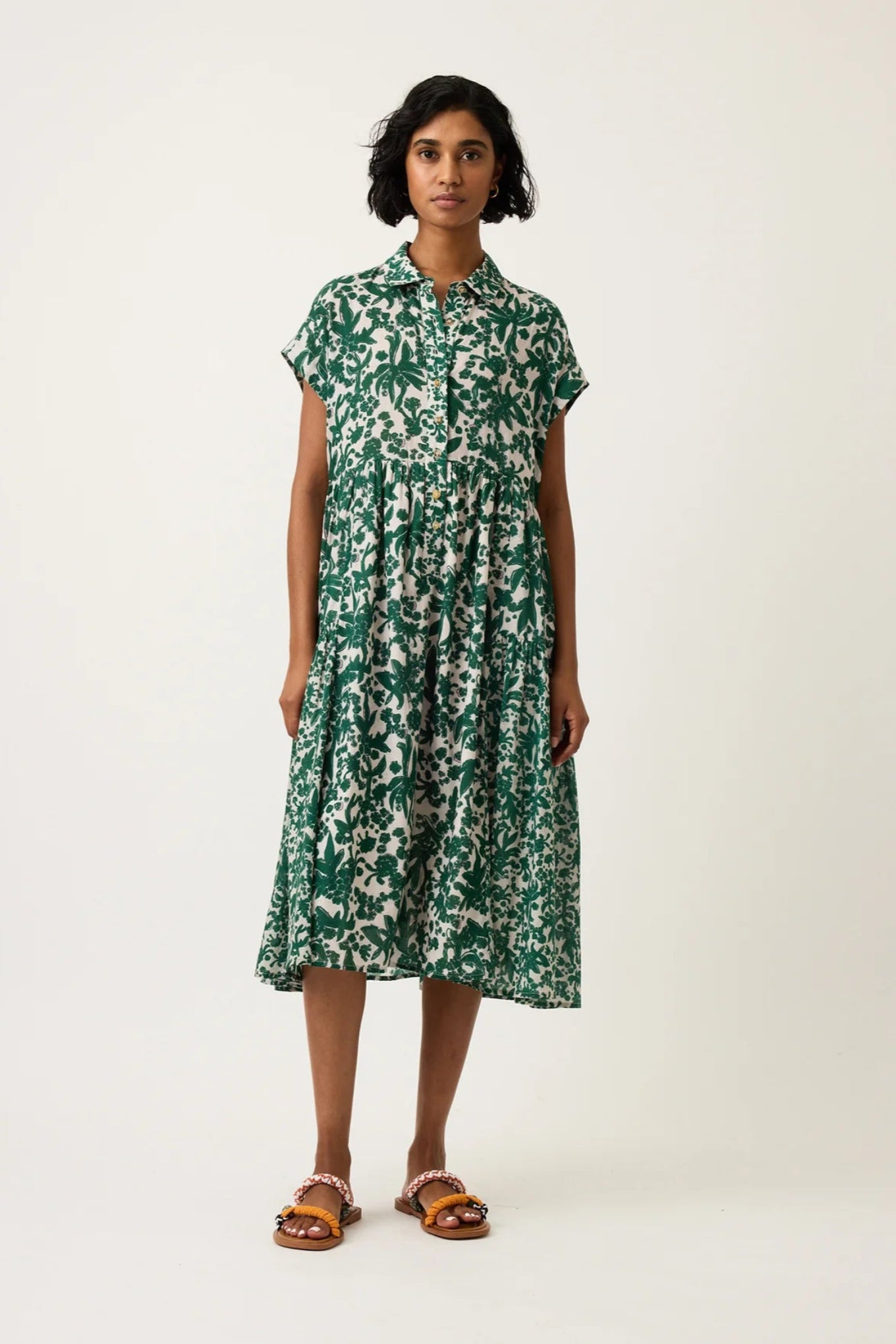 Nancybird cotton voile button up short sleeved shirt dress Maja in green and white parsley print.