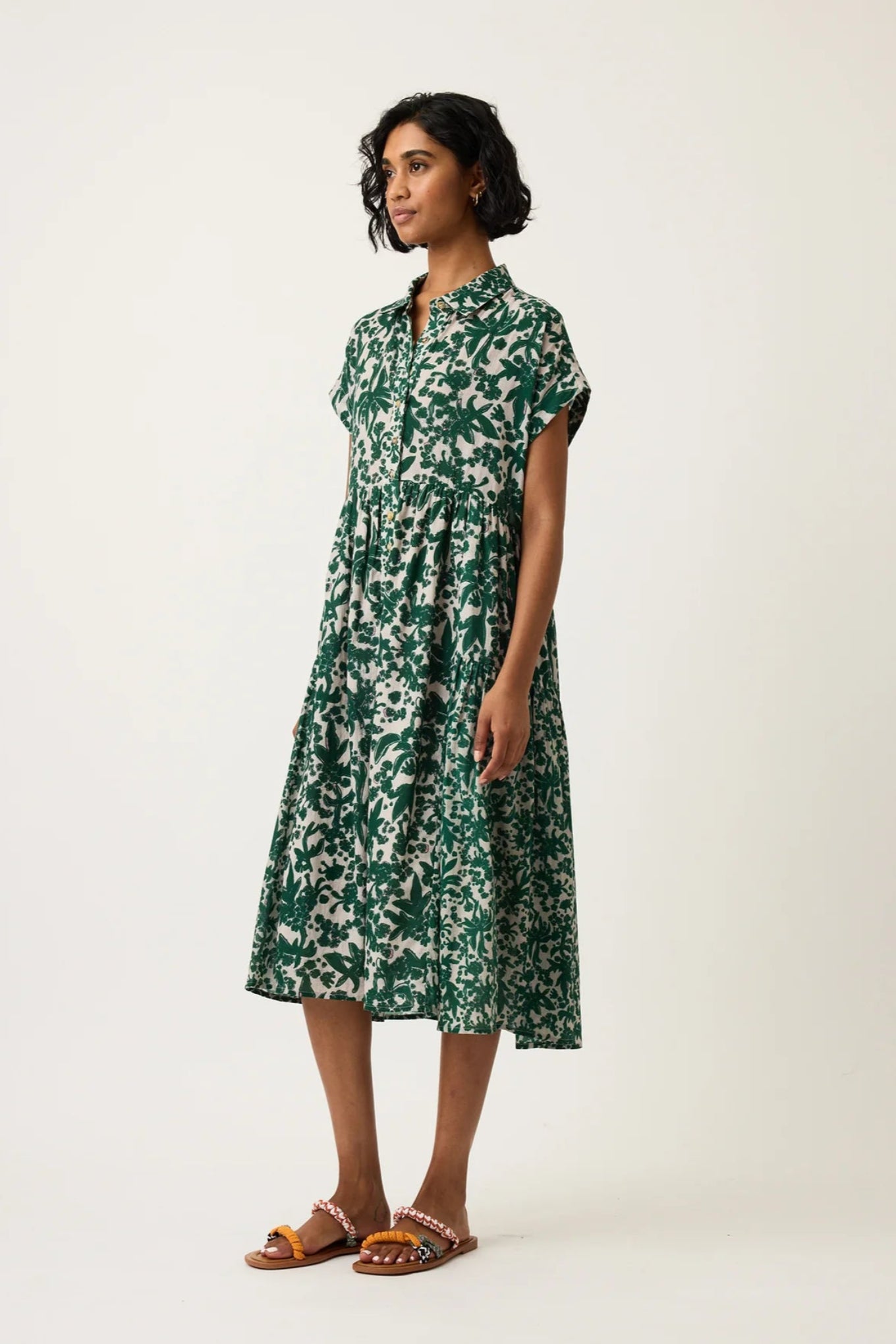 Nancybird cotton voile button up short sleeved shirt dress Maja in green and white parsley print.