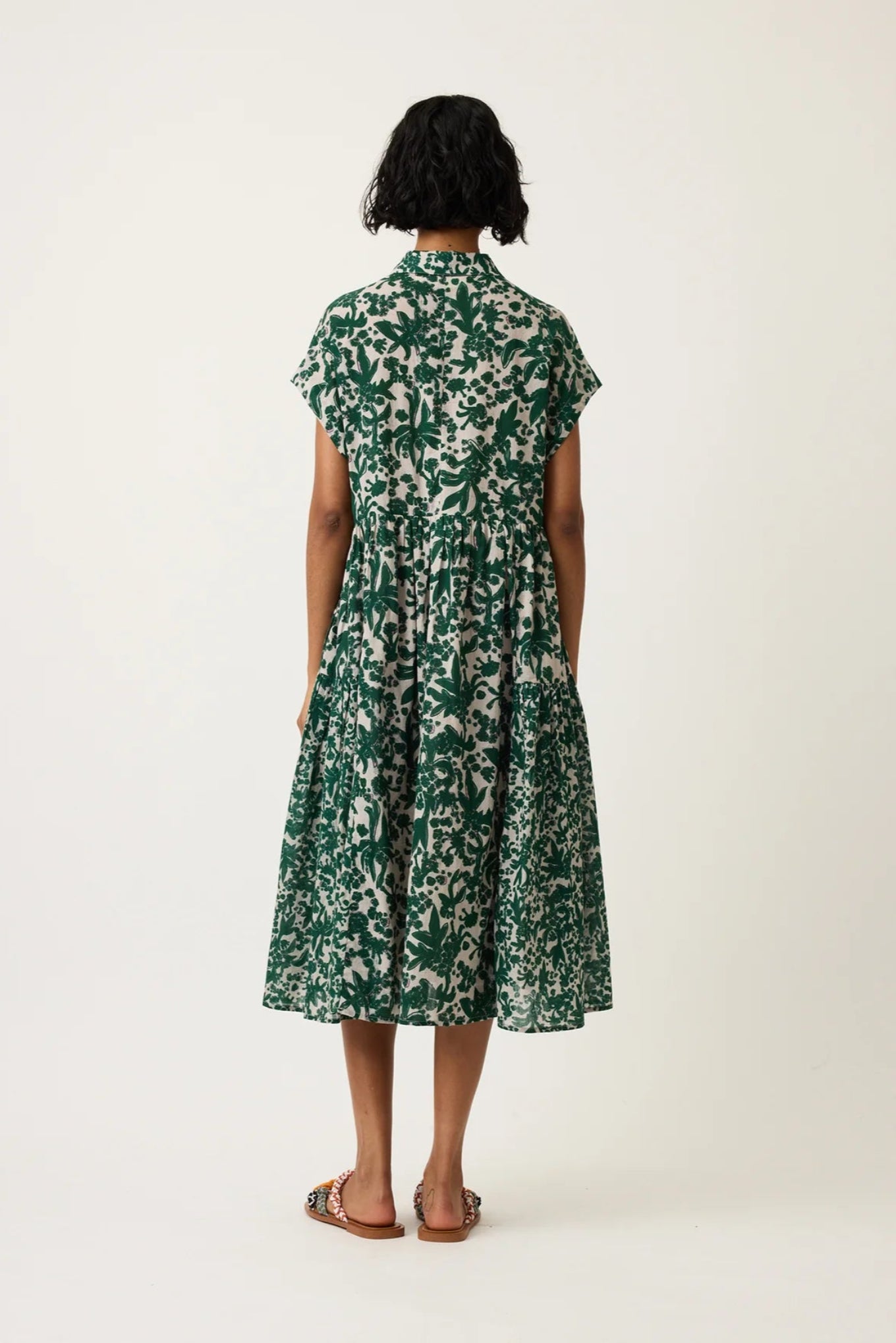 Nancybird cotton voile button up short sleeved shirt dress Maja in green and white parsley print.