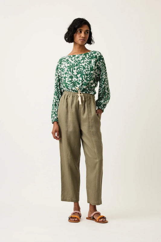 Nancybird soft cotton elastic waist Sol pant in khaki agave.