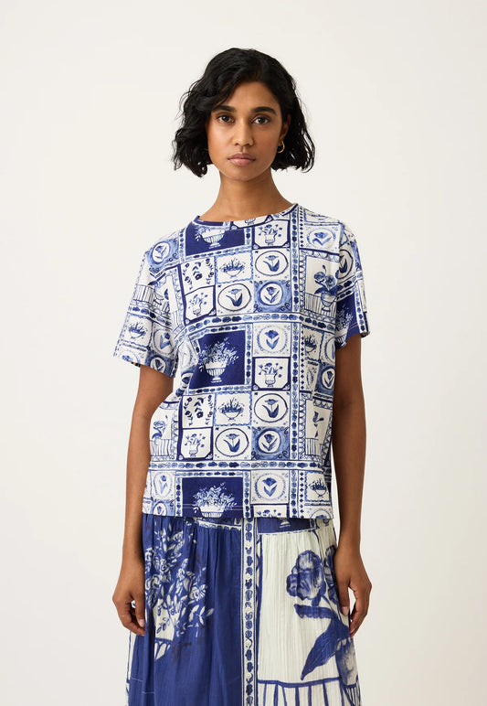 Nancybird organic cotton Lyon tile blue and white print Apollo tshirt.