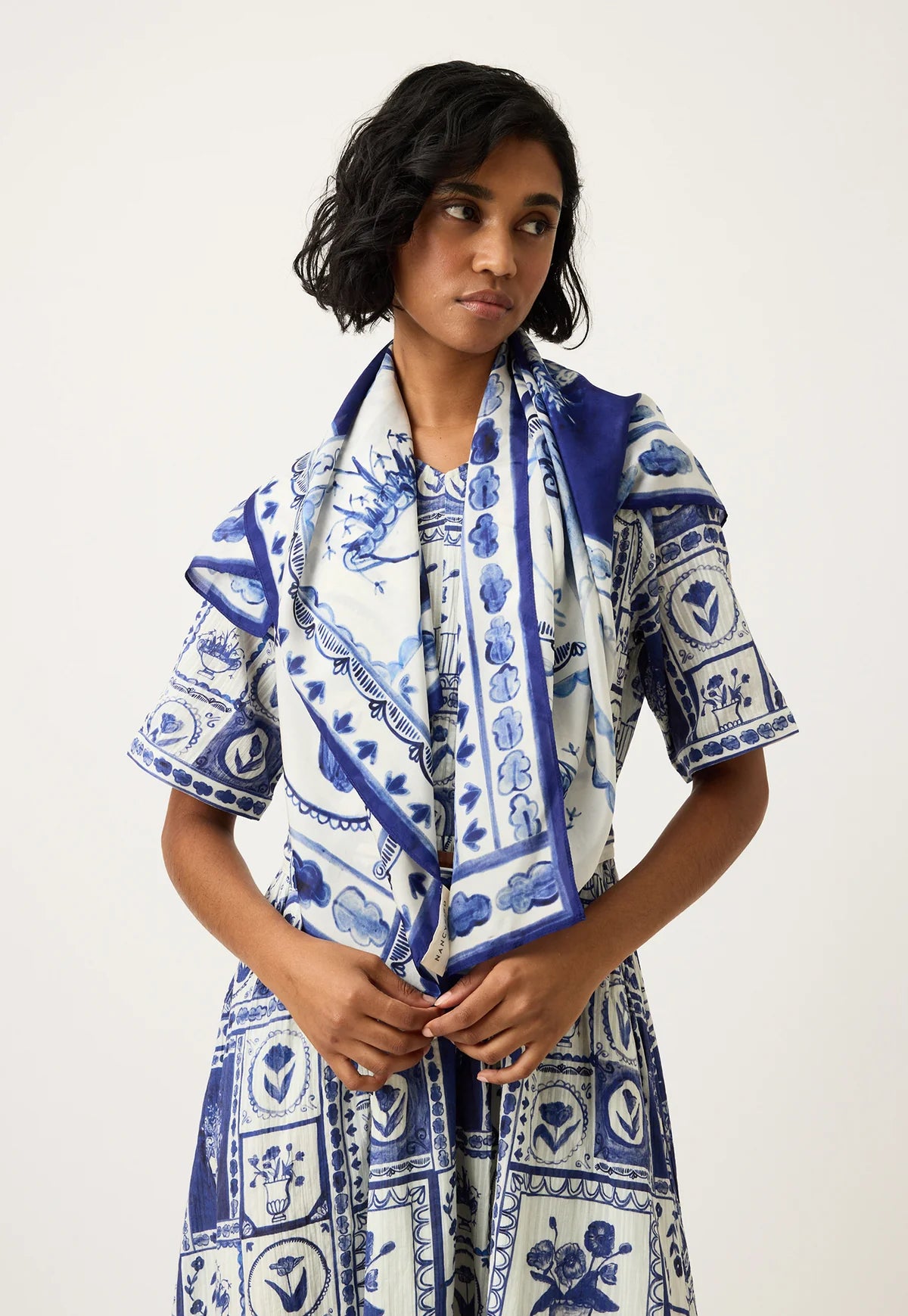 Nancybird silk habutai Lyon tile blue and white square scarf.