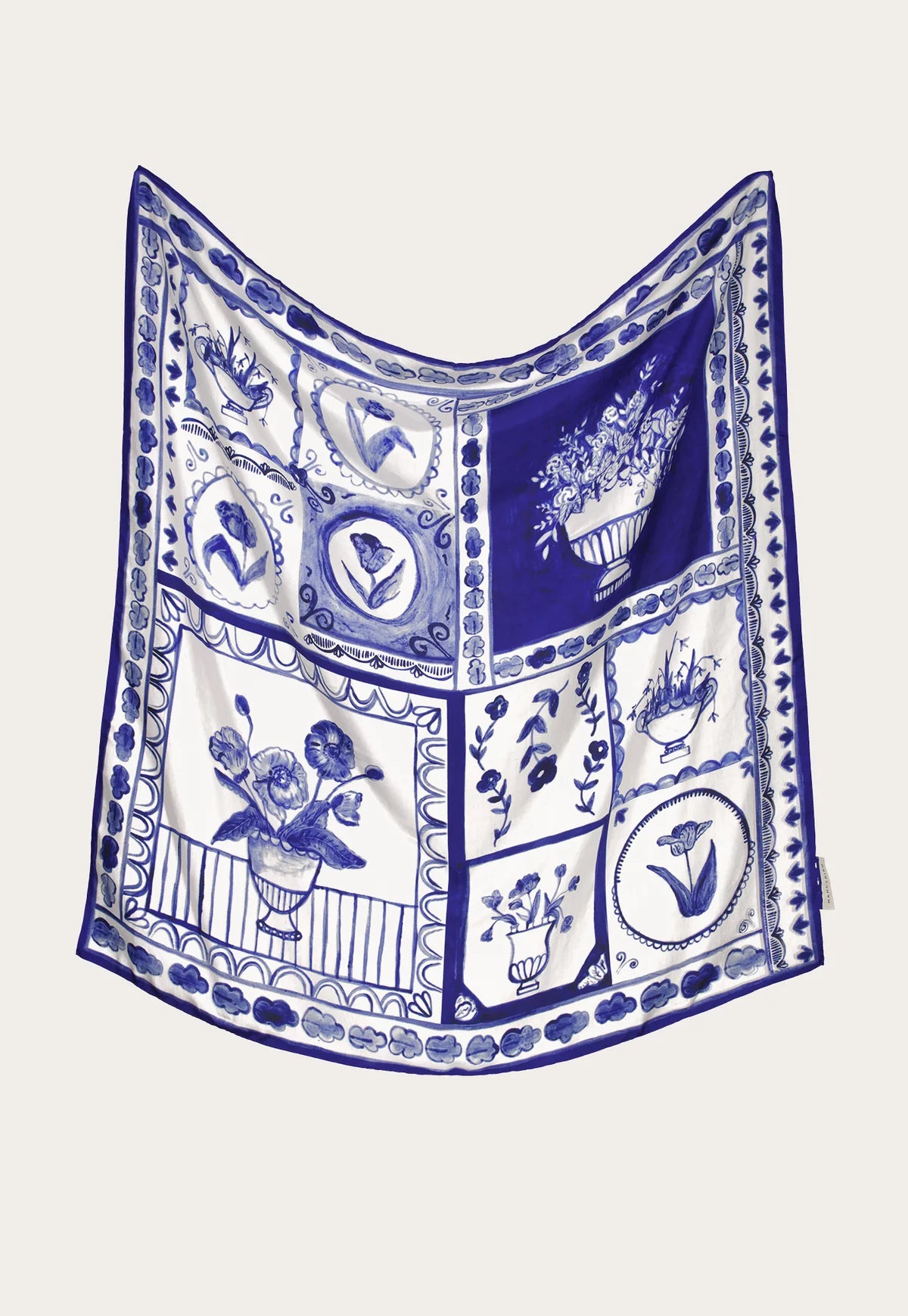 Nancybird silk habutai Lyon tile blue and white square scarf.