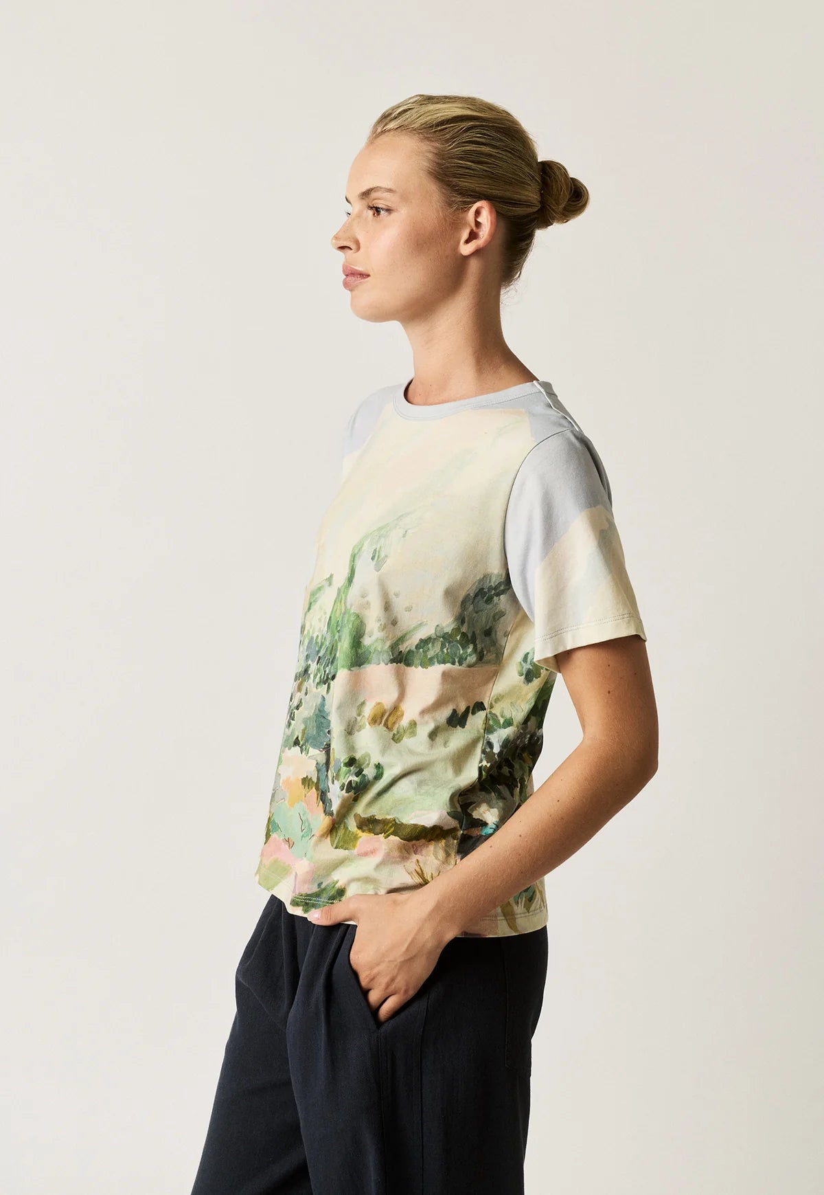 Nancybird organic cotton Apollo tshirt featuring Mountain Peak artwork of collaborating artist Margeret Jaene.
