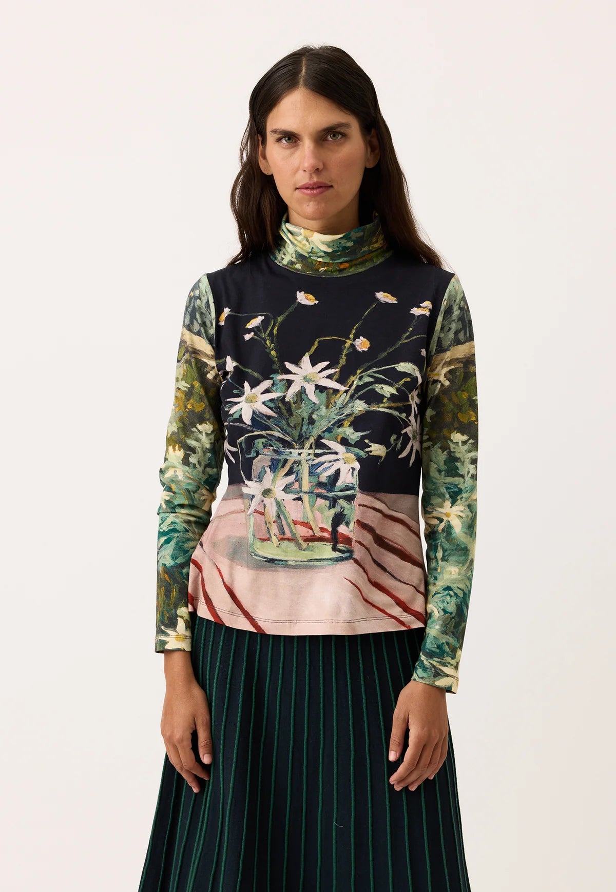 Nancybird cotton knit Sundew skivvy featuring flannel flower artwork.