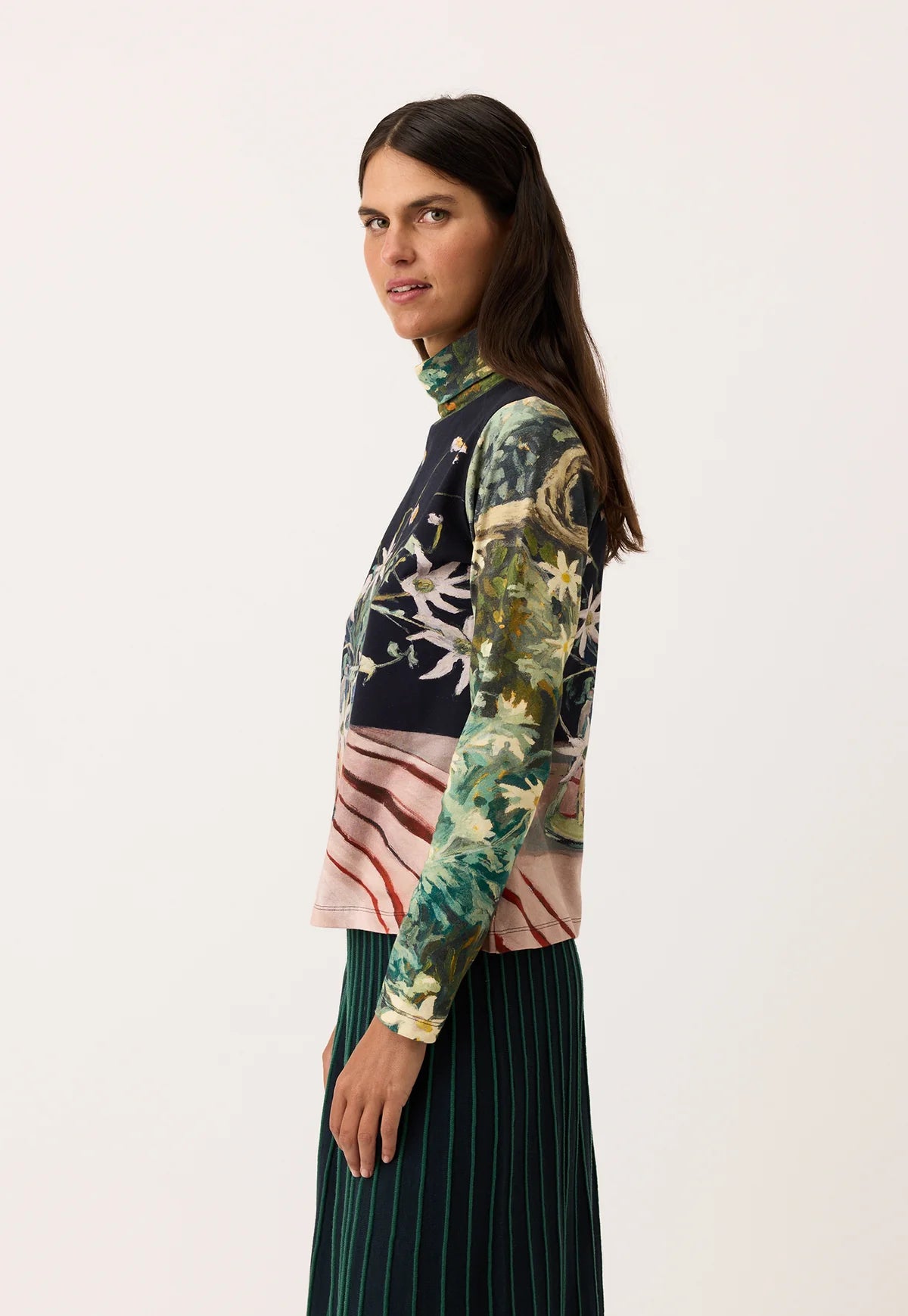 Nancybird cotton knit Sundew skivvy featuring flannel flower artwork.