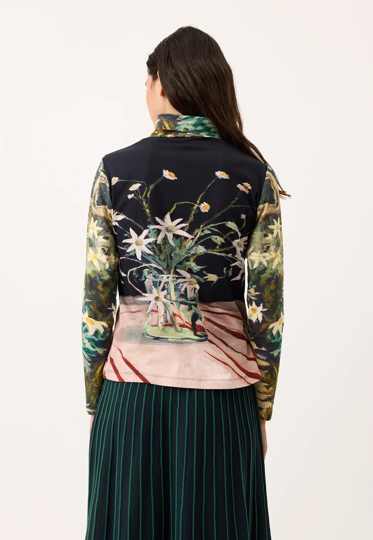 Nancybird cotton knit Sundew skivvy featuring flannel flower artwork.