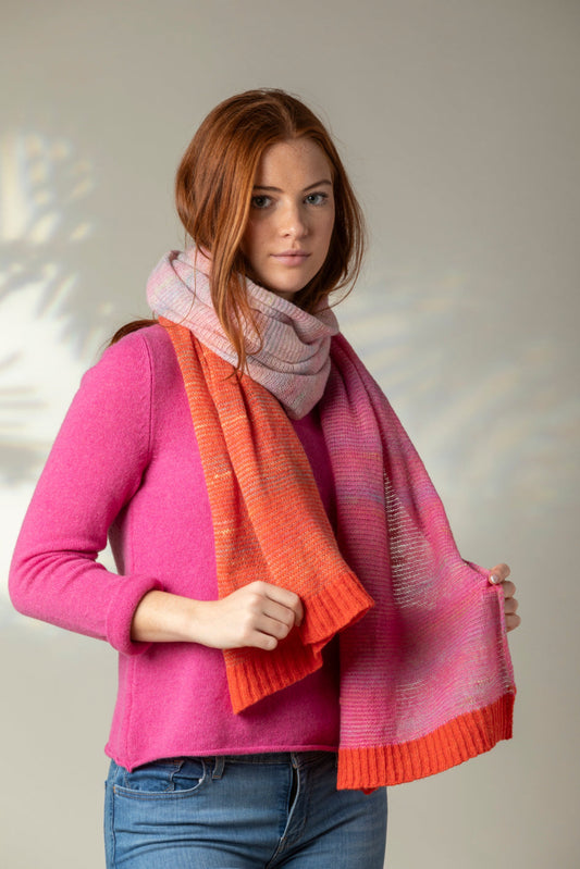 Eribe Treeline fine wool wrap in bubblegum pink stripes.