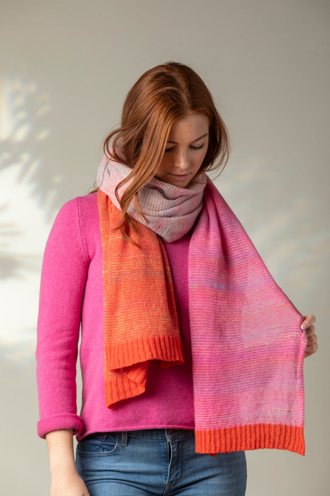Eribe Treeline fine wool wrap in bubblegum pink stripes.