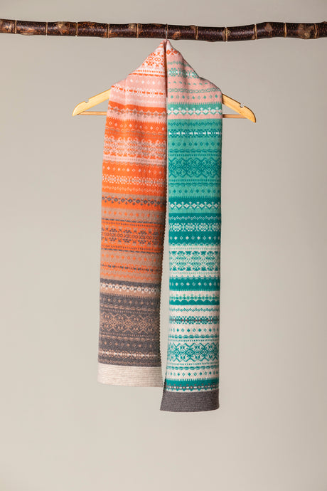 Eribe Alloa all over fairisle scarf in Elder - coral, mint, taupe and ecru.