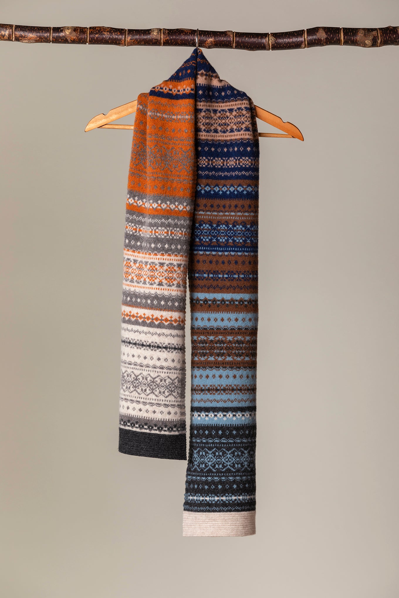 Eribe merina fairisle and striped Alloa scarf in Winter.