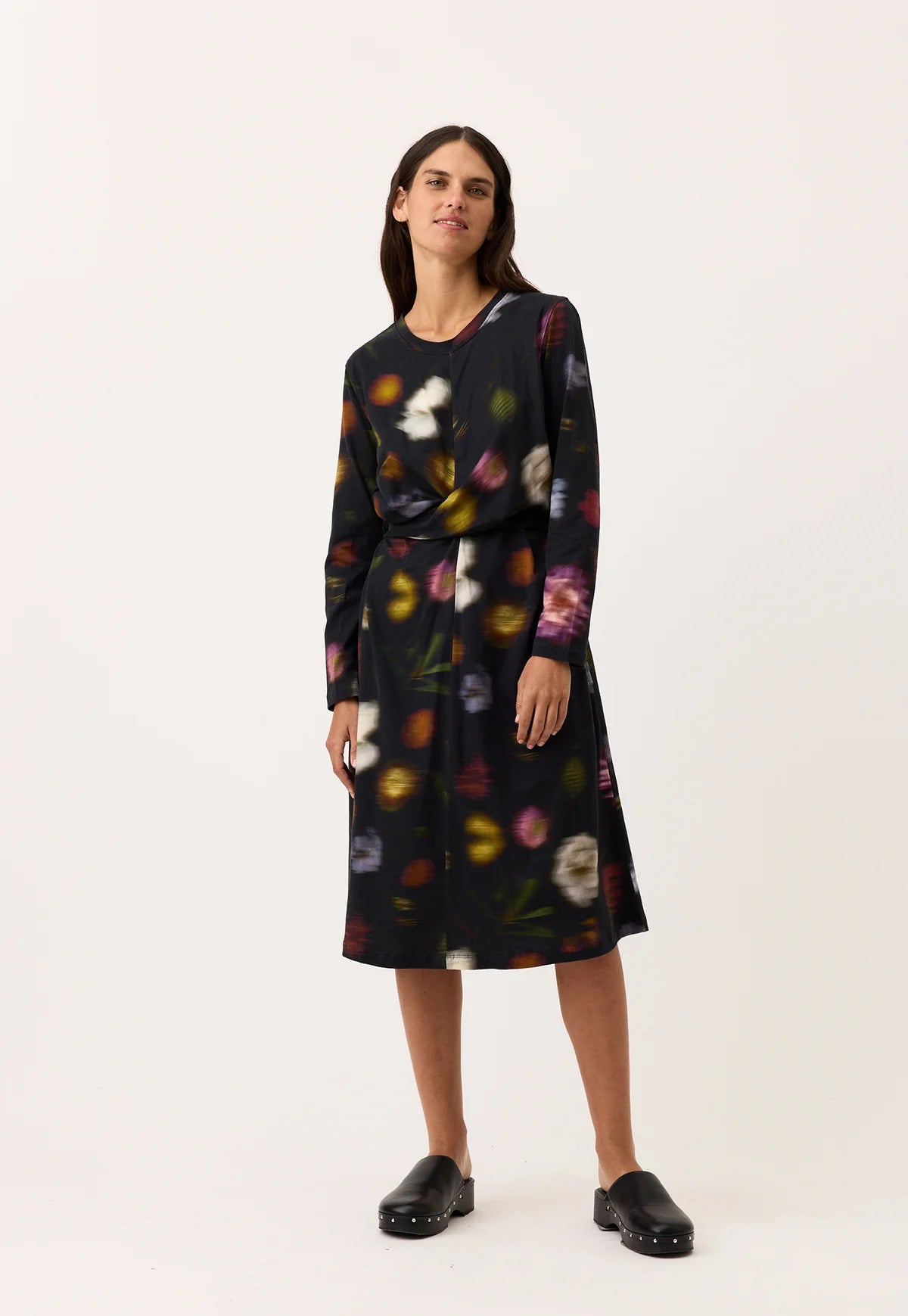 Nancybird organic cotton jersey knit wrap t-shirt dress in Haze floral print.