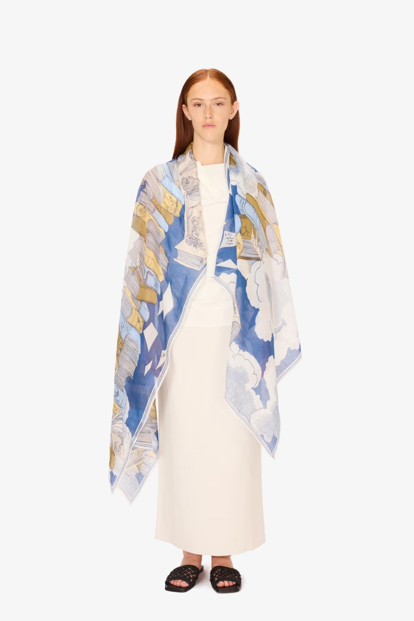 Inoui editions silk cotton scarf Bibliophile in navy.