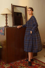 Load image into Gallery viewer, DVE Collection Bumi dress in brown and indigo check cotton.