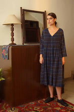 Load image into Gallery viewer, DVE Collection Bumi dress in brown and indigo check cotton.