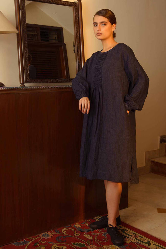 DVE Collection navy pinstripe linen pintucked Dev dress.