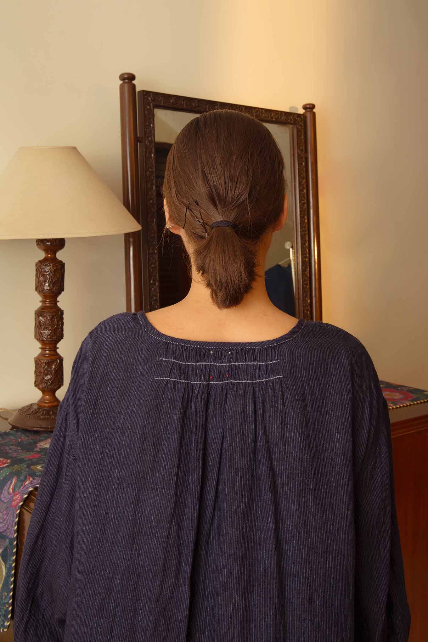 DVE Collection navy pinstripe linen pintucked Dev dress.