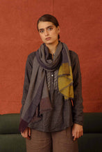 Load image into Gallery viewer, DVE Collection fine wool scarf in shades of grey with a mustard stripe.