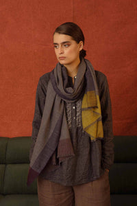 DVE Collection fine wool scarf in shades of grey with a mustard stripe.