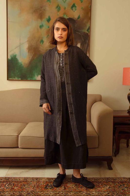 Dve Collection reversible wool Diya long jacket in black charcoal.