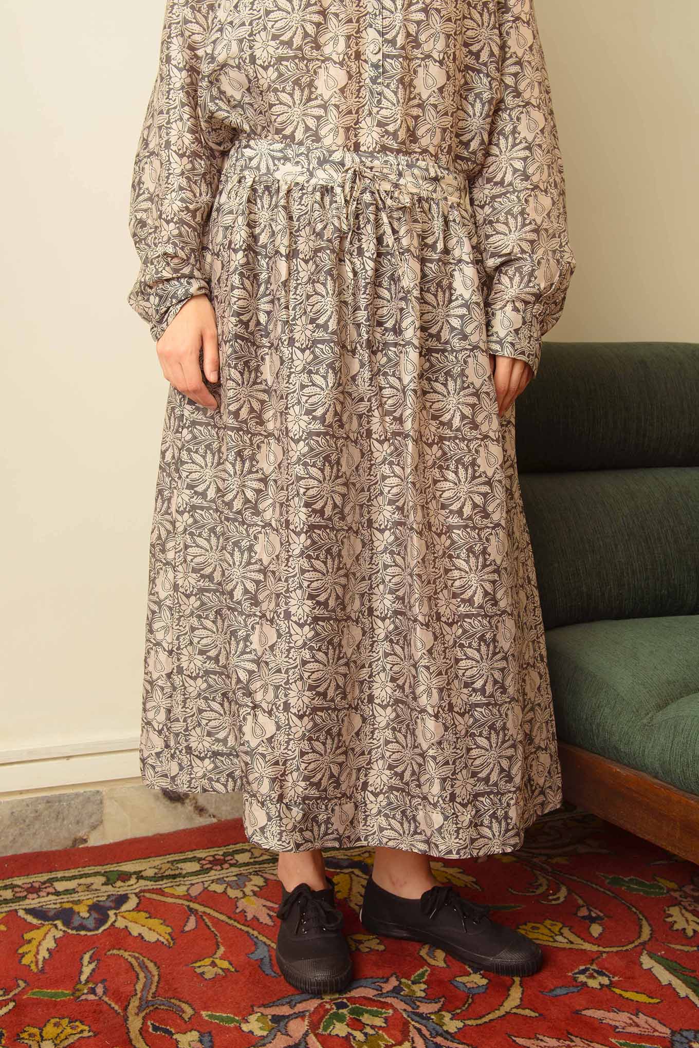 Dve Collection Isha one size skirt in silk cotton blockprinted in iron grey, scarab print.