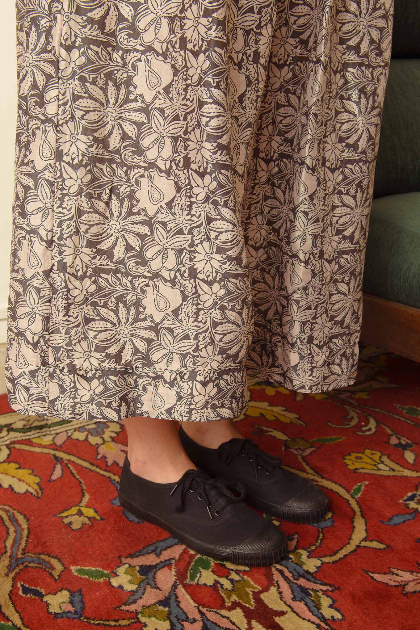 Dve Collection Isha one size skirt in silk cotton blockprinted in iron grey, scarab print.