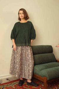 Dve Collection Isha one size skirt in silk cotton blockprinted in iron grey, scarab print.