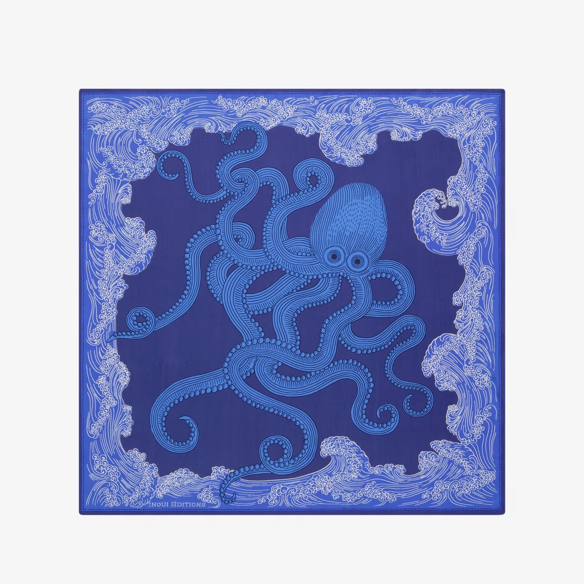Inoui editions silk cotton carre square scarf Poseidon in azure blue.