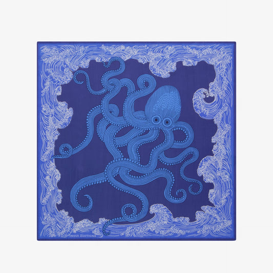 Inoui editions silk cotton carre square scarf Poseidon in azure blue.
