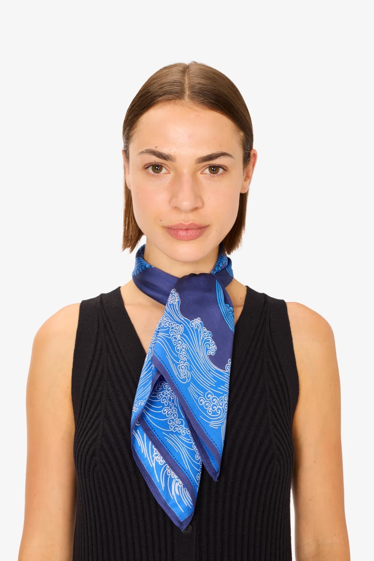 Inoui editions silk cotton carre square scarf Poseidon in azure blue.