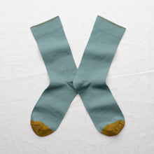 Load image into Gallery viewer, Bonne Maison Arctic blue sock with khaki absinth green toe, made in France cotton socks.
