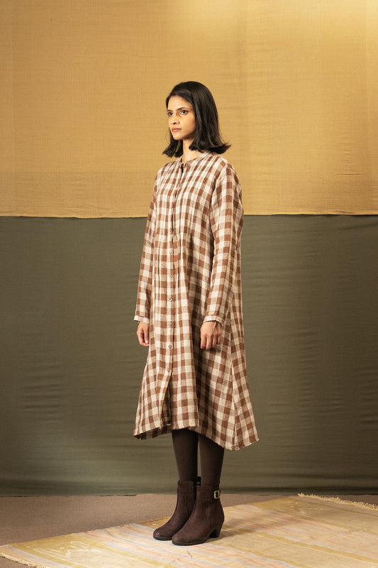 DVE Heera button up dress in French beige linen check.