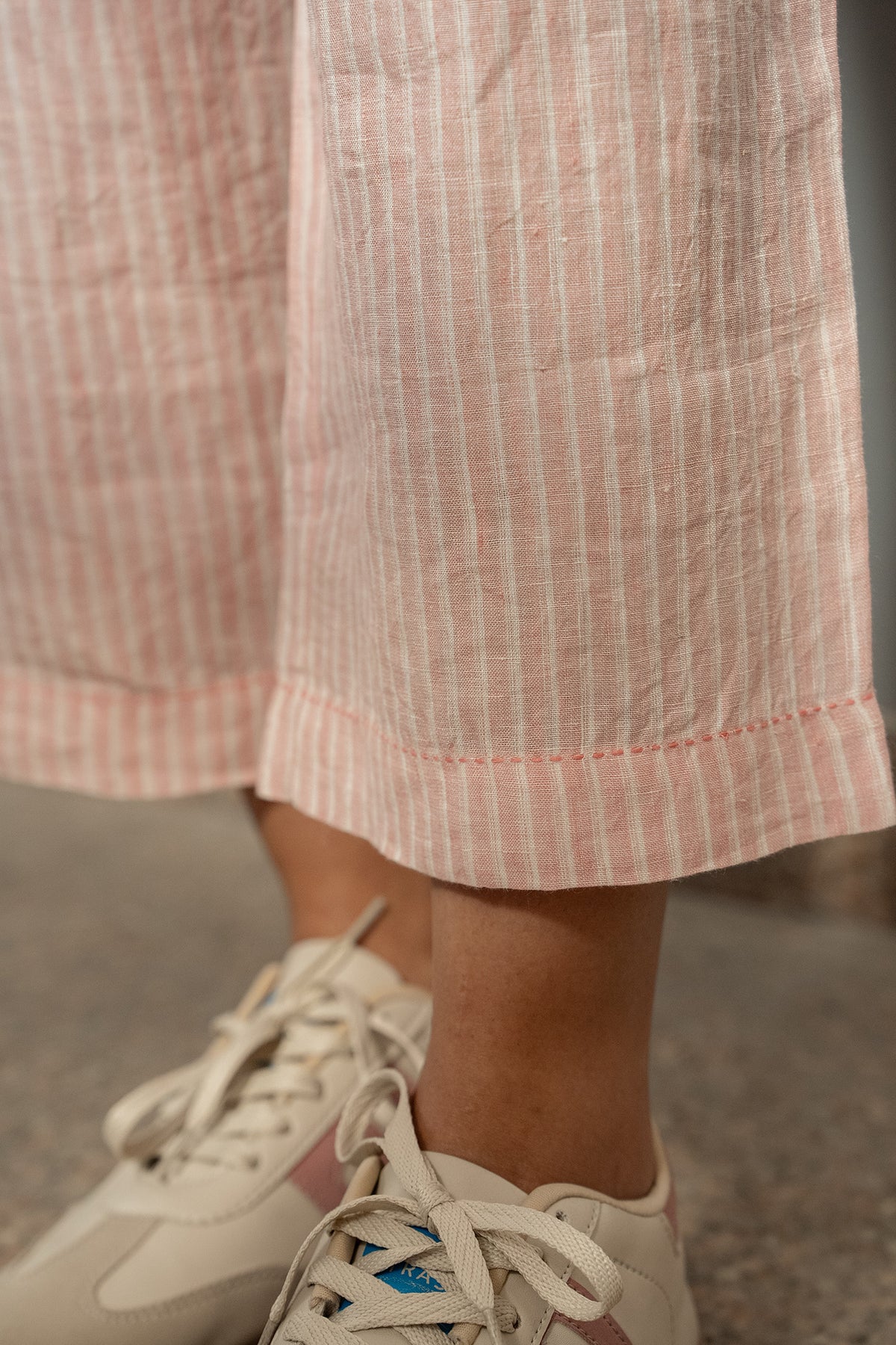 DVE Bala linen drawstring elastic waist straight leg pants in rose pink and white handloom.