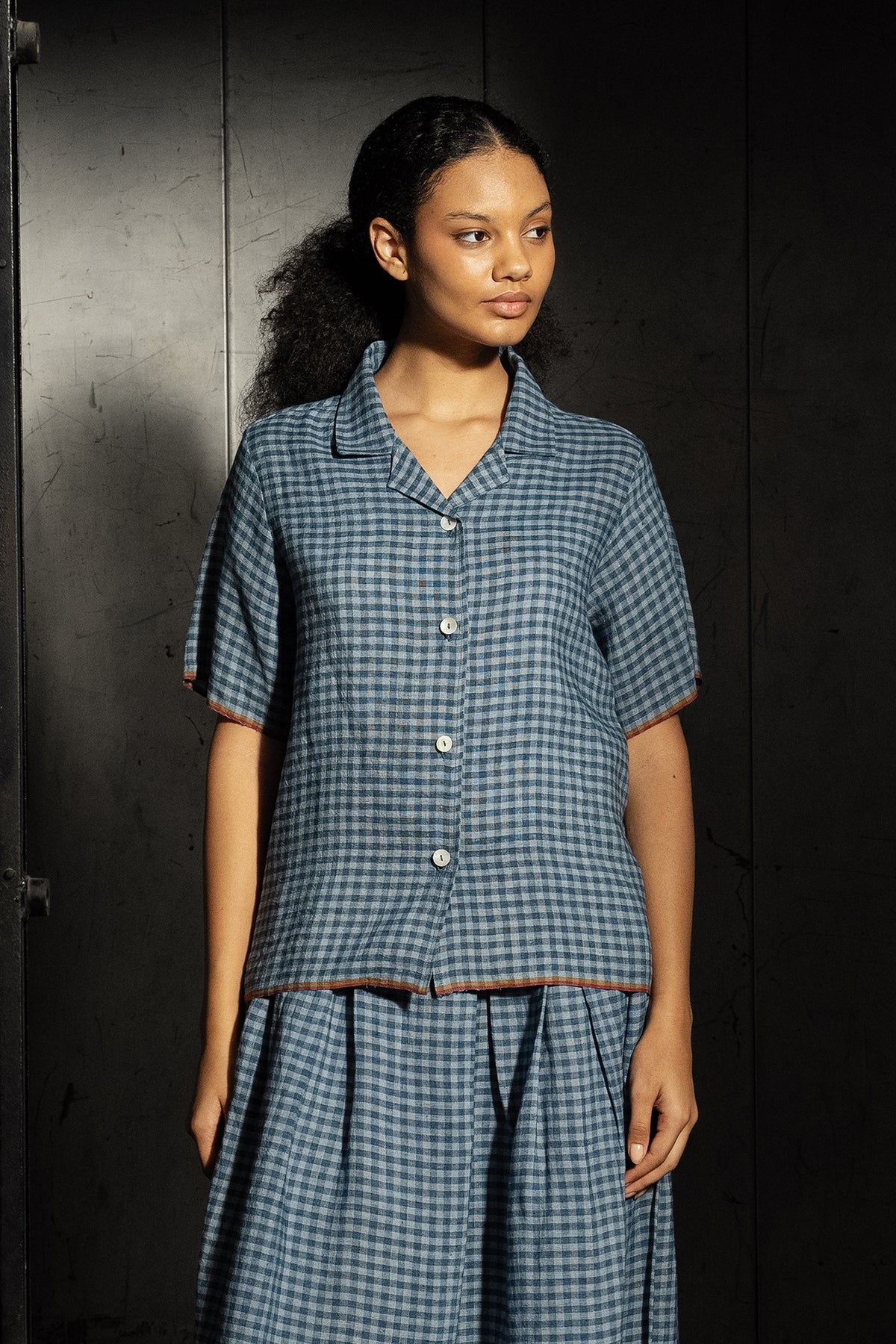 DVE Sri button up short sleeve shirt in blue ashes check gingham handloom linen.