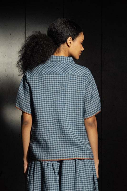 DVE Sri button up short sleeve shirt in blue ashes check gingham handloom linen.