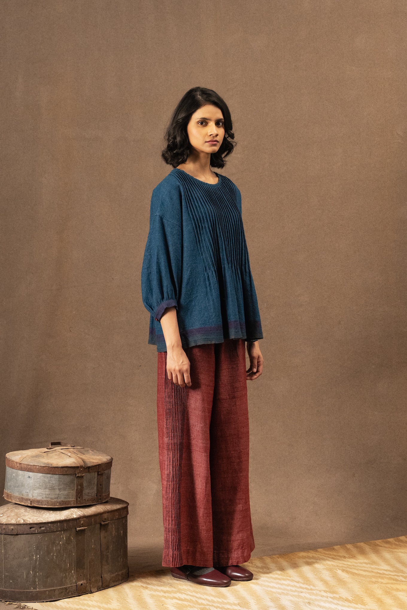 DVE Anisha pintuck top in soft wool in indigo blue.