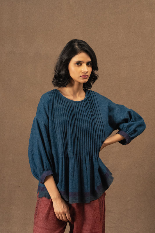DVE Anisha pintuck top in soft wool in indigo blue.