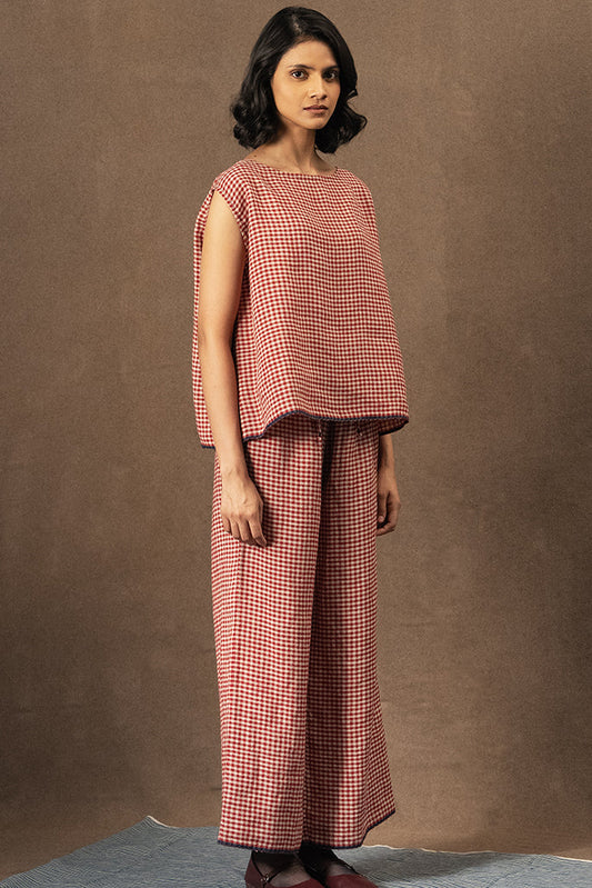 DVE Aishani crimson red check linen sleeveless top.