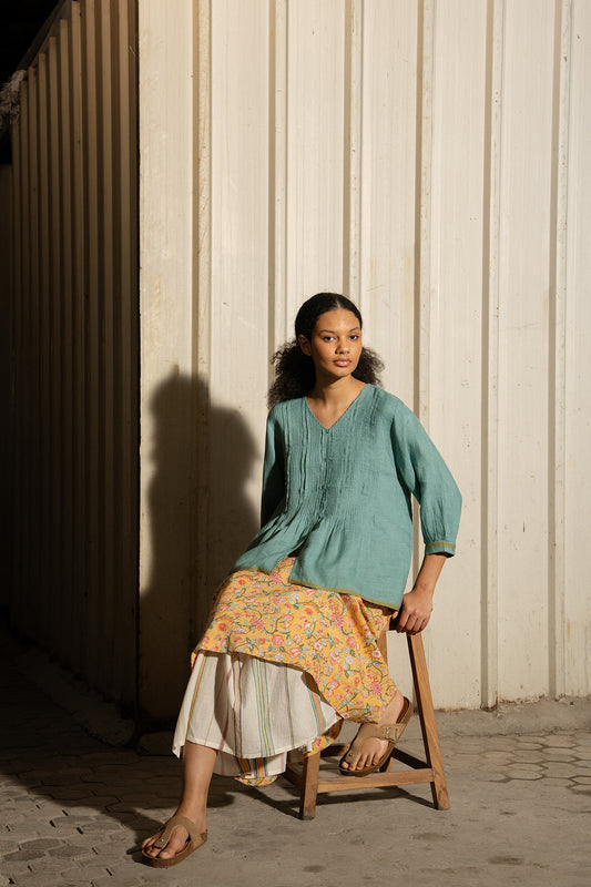 Dve Neela cotton two layered reversible skirt - handloom stripe, and blockprint in yellow floral design.