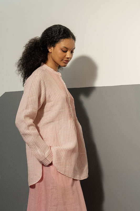 DVE Mohini rose pink stripe linen half button up long sleeve shirt with pintucked bodice.