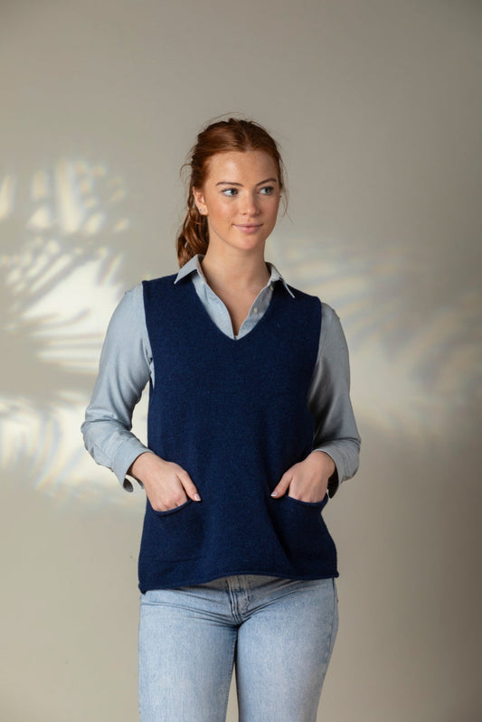 Eribe Corry merino v neck tank top vest in Regatta blue.