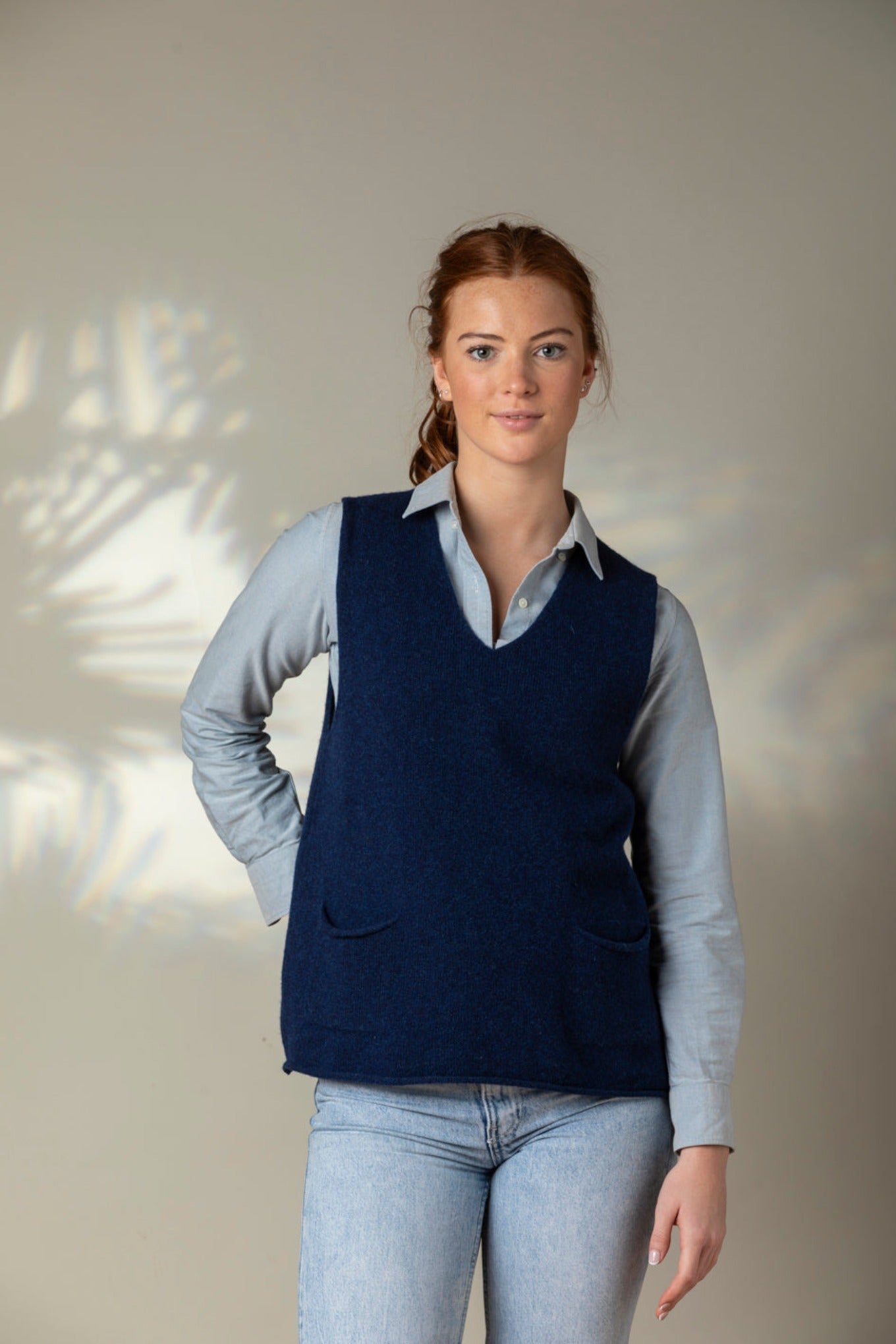 Eribe Corry merino v neck tank top vest in Regatta blue.