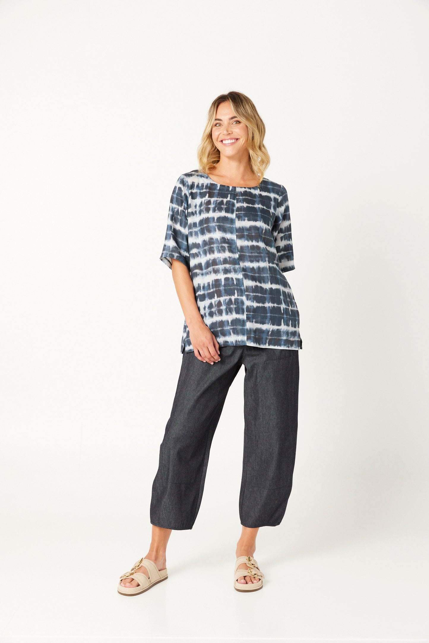 Valia European linen shibori print blouse in indigo.