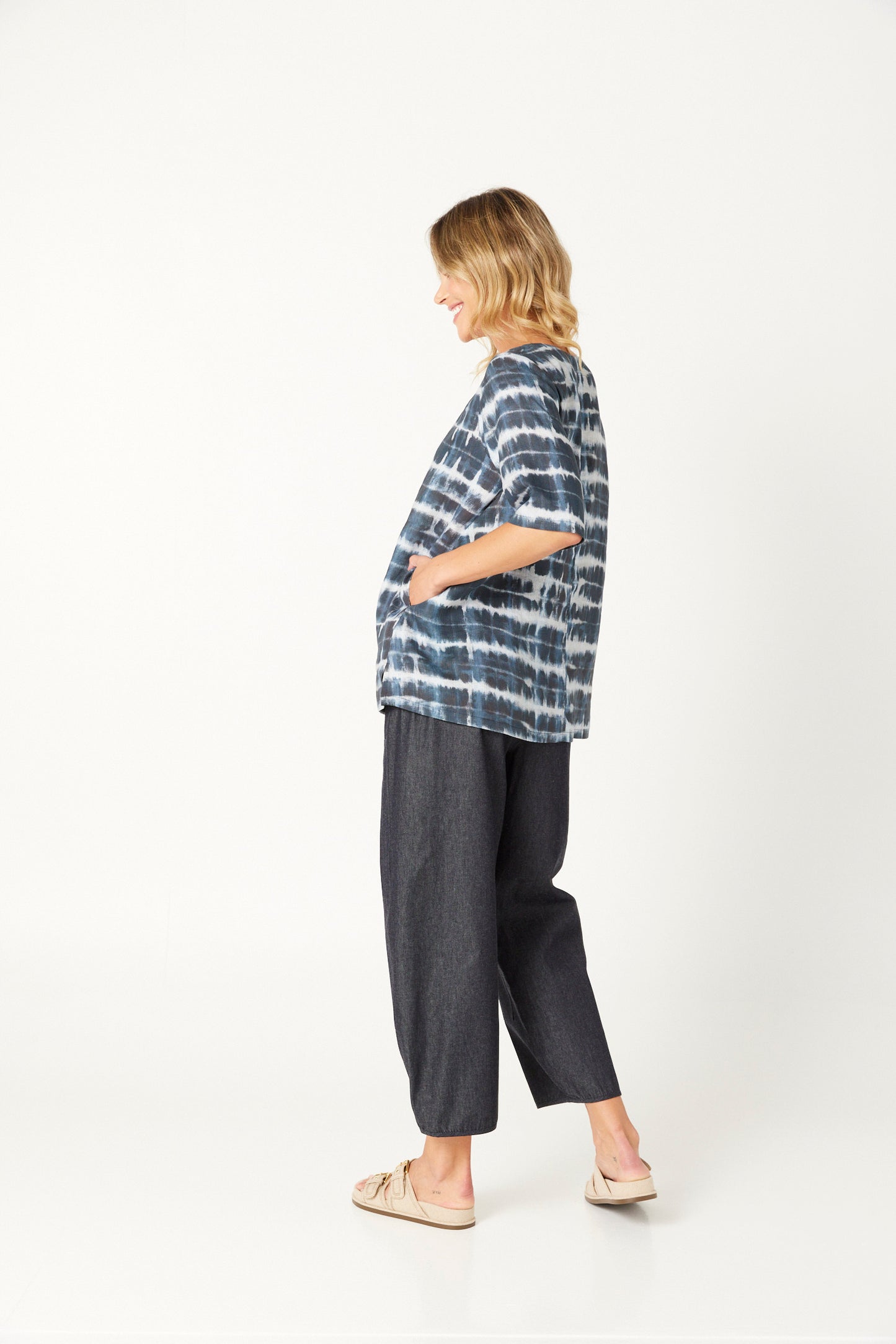 Valia European linen shibori print blouse in indigo.